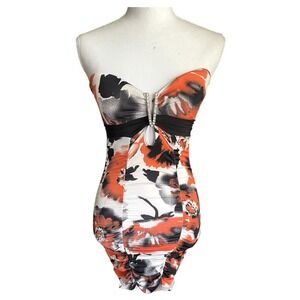 Janice Y2K Strapless Ruched Bodycon‎ Floral Mini Dress Rhinestones Party Sz S